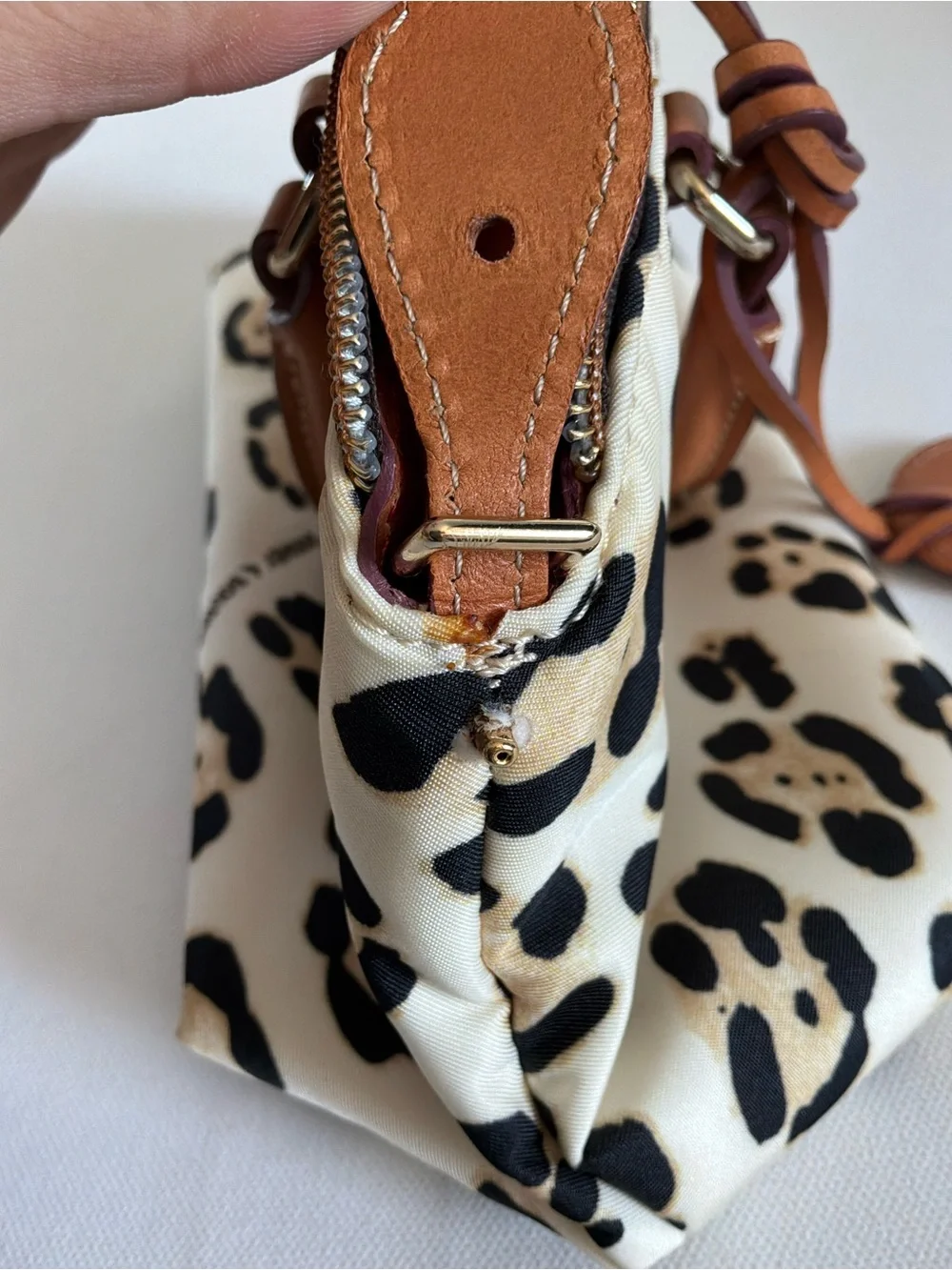 Dooney & Bourke Leopard Print Nylon Satchel Crossbody Bag Leather Trim Tan White